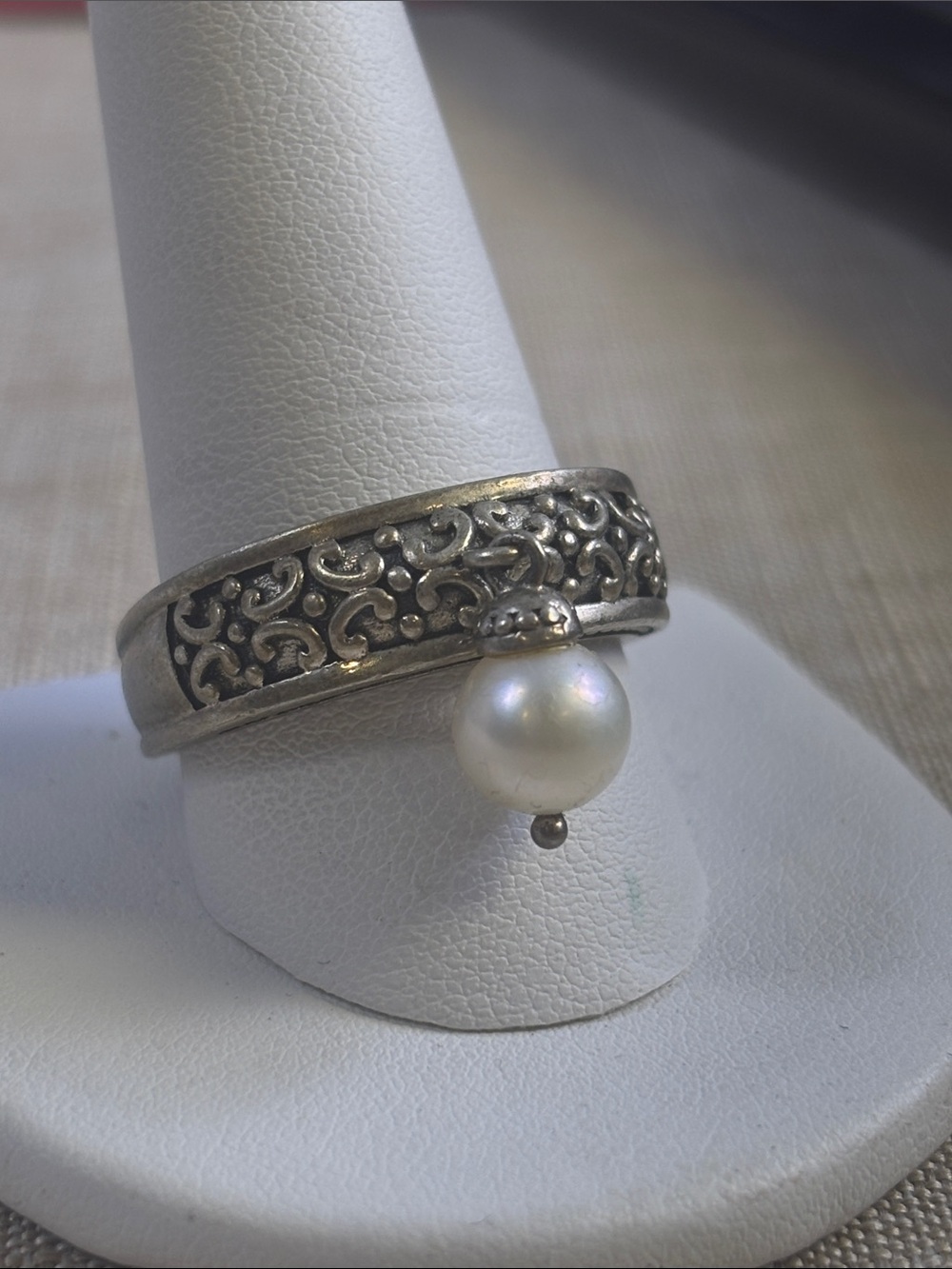 Sterling Silver Filigree Band Ring with White Pearl Drop